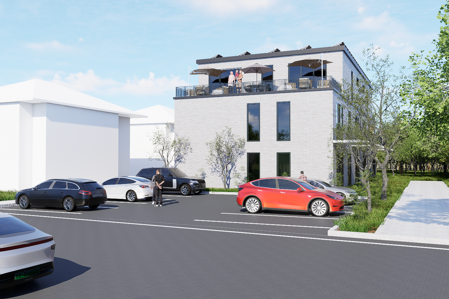 Außenansicht mit Parkplatz